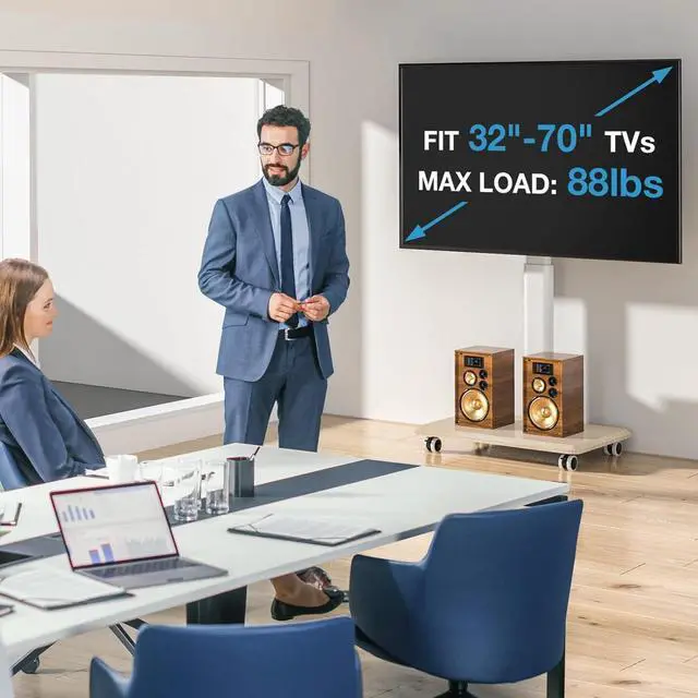 Alt view image 7 of 7 - YOMT Portable Floor TV Stand on Wheels for 32-70 Inch TVs, Tall Universal Rolling TV Stand with Swivel Mount, Elegant Lockable Mobile TV Cart with Wood Base for Living Room, Bedroom, Dorm (White)