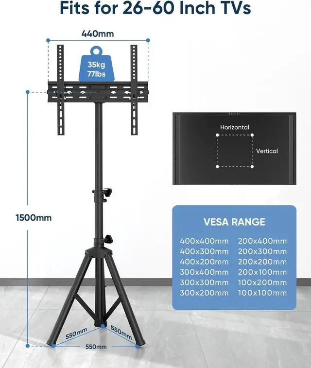 Alt view image 7 of 7 - Tripod Portable Floor TV Stand, FORGING MOUNT Foldable Stand Height Adjustable for Portable Display Floor TV Stand 26-65" Flat Screen/Curved TVs, Holds Up to 77lbs
