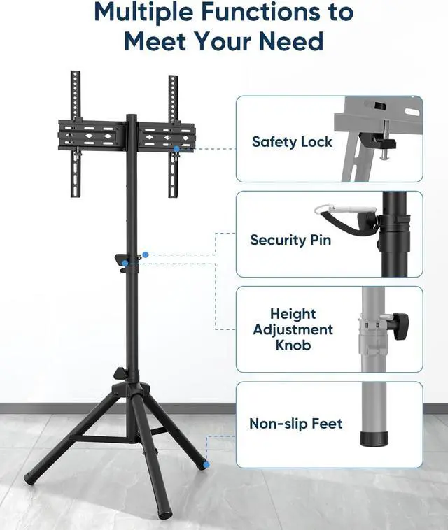 Alt view image 5 of 7 - Tripod Portable Floor TV Stand, FORGING MOUNT Foldable Stand Height Adjustable for Portable Display Floor TV Stand 26-65" Flat Screen/Curved TVs, Holds Up to 77lbs