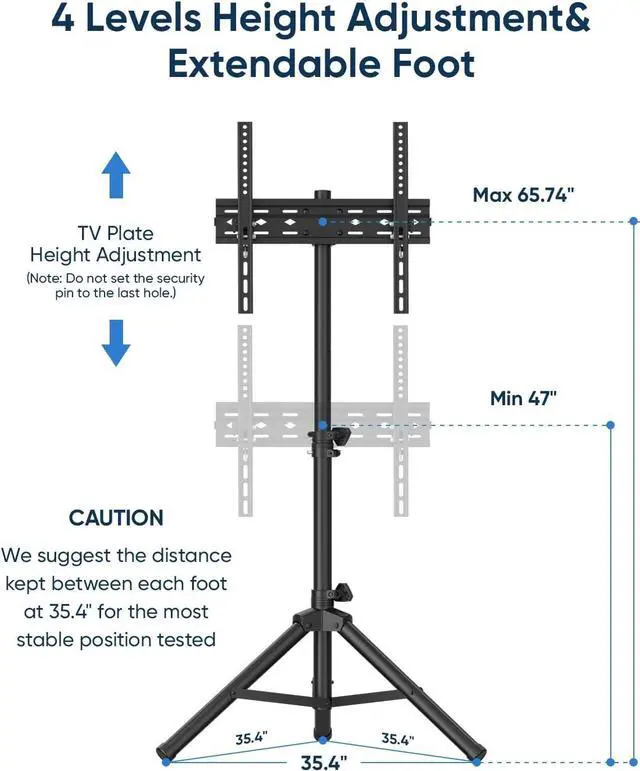 Alt view image 3 of 7 - Tripod Portable Floor TV Stand, FORGING MOUNT Foldable Stand Height Adjustable for Portable Display Floor TV Stand 26-65" Flat Screen/Curved TVs, Holds Up to 77lbs