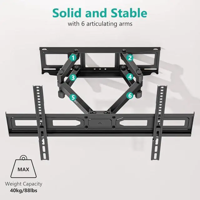 Alt view image 2 of 6 - WALI TV Wall Mount for Most 32-80 inch Flat Curved TV, Full Motion Articulating Arm Bracket for LED, LCD, OLED Screen TVs up to 88lbs, Mounting Holes 400x400mm (FTM-3), Black