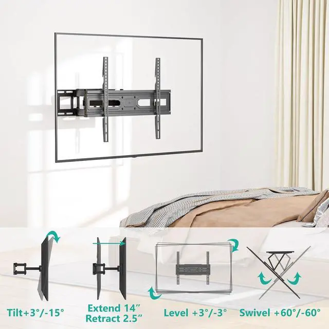 Alt view image 3 of 6 - WALI TV Wall Mount for Most 32-80 inch Flat Curved TV, Full Motion Articulating Arm Bracket for LED, LCD, OLED Screen TVs up to 88lbs, Mounting Holes 400x400mm (FTM-3), Black