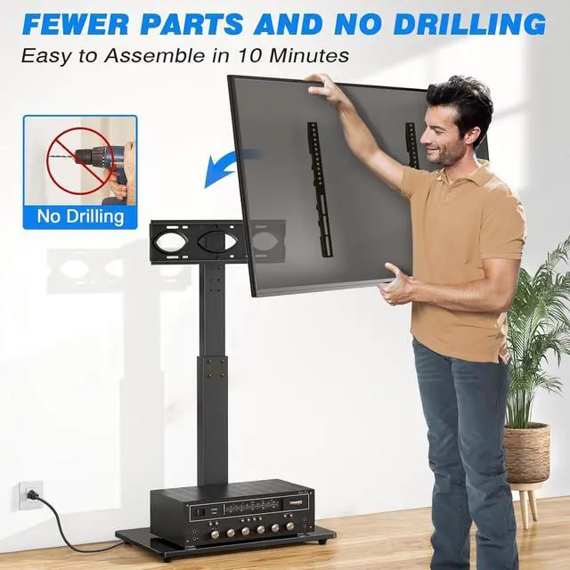 Alt view image 7 of 7 - Rfiver Reinforced Floor TV Stand with Power Outlet&Mount for 32-70 Inch TVs Up to 110 lbs, Height Adjustable Swivel TV Stand, Space Saving Tall TV Mount Stand for Bedroom, Living Room