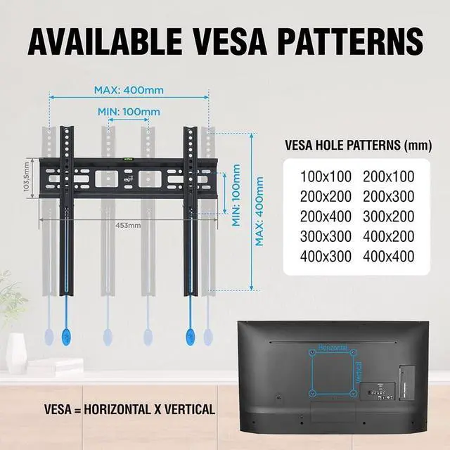 Alt view image 2 of 7 - ELG Fixed/Low Profile TV Wall Mount for TVs 32" to 77", Holds up to 110 lbs, Max VESA 400X400mm, Fits 12", 16 Wood Studs, Automatic Locking/Quick Release System, N01V4, Steel, Black