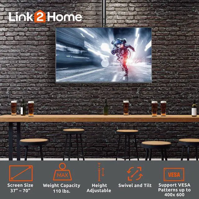 Alt view image 5 of 7 - TV Ceiling Mount, Telescopic Full-Motion for 37"-70" TVs Sizes, Max Weight Capacity 110 lbs. Max VESA 400x600, with Free Tilting Design and Built-in Level.