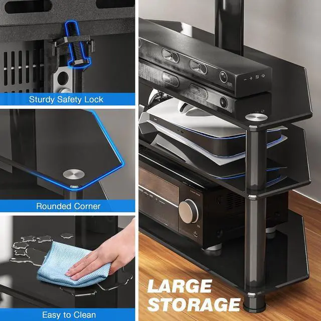 Alt view image 4 of 6 - Rfiver Corner Swivel Glass TV Stand with Mount for 32-70 Inch Screen TV up to 110lbs, Height Adjustable Corner TV Stand with Mount, Entertainment Center with TV Mount and 3-Tier Storage for AV Media