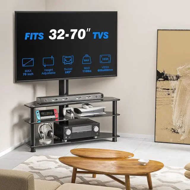 Alt view image 2 of 6 - Rfiver Corner Swivel Glass TV Stand with Mount for 32-70 Inch Screen TV up to 110lbs, Height Adjustable Corner TV Stand with Mount, Entertainment Center with TV Mount and 3-Tier Storage for AV Media