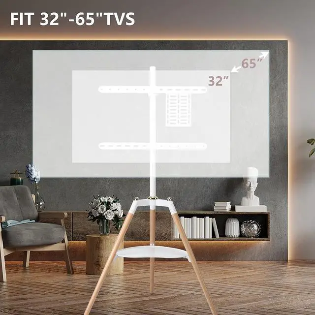 Alt view image 7 of 7 - Universal Tripod Easel TV Stand for 32-65 inch LED LCD Screen Flat Curved Screen, Height Adjustable Studio TV Display Stand with 140° Swivel for Bedroom, Living Room, Corner TV Stand (White)