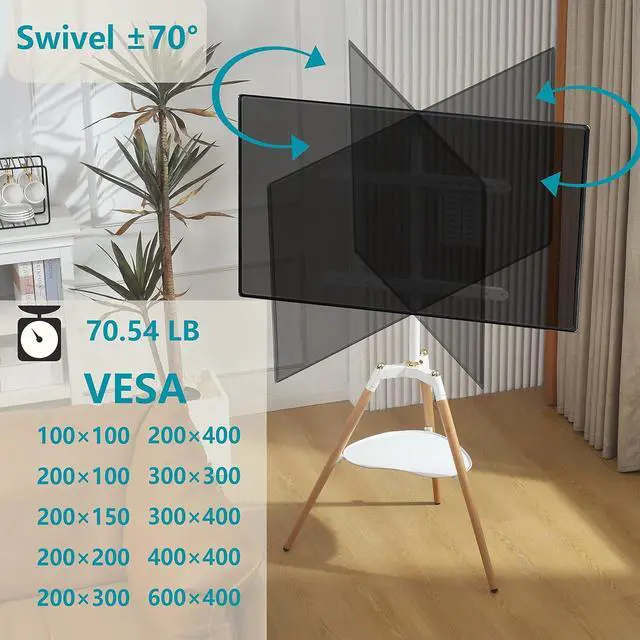 Alt view image 3 of 7 - Universal Tripod Easel TV Stand for 32-65 inch LED LCD Screen Flat Curved Screen, Height Adjustable Studio TV Display Stand with 140° Swivel for Bedroom, Living Room, Corner TV Stand (White)