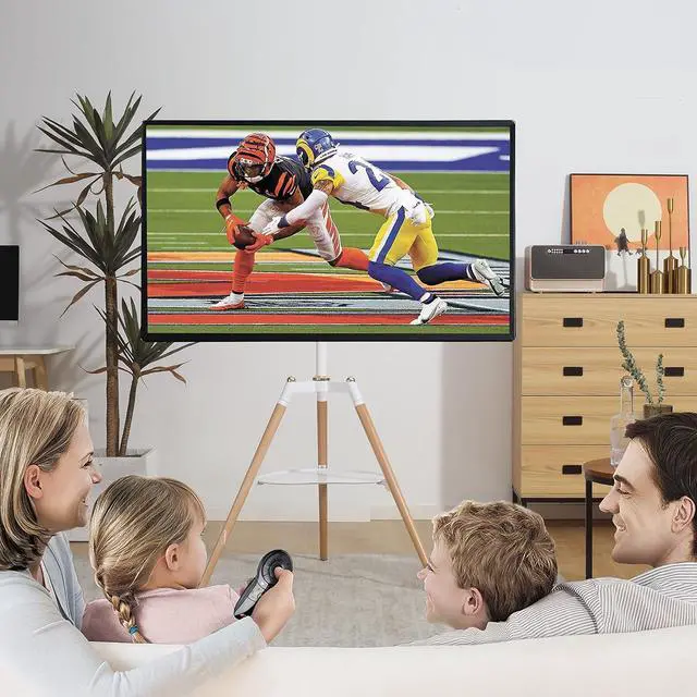 Alt view image 6 of 7 - Universal Tripod Easel TV Stand for 32-65 inch LED LCD Screen Flat Curved Screen, Height Adjustable Studio TV Display Stand with 140° Swivel for Bedroom, Living Room, Corner TV Stand (White)