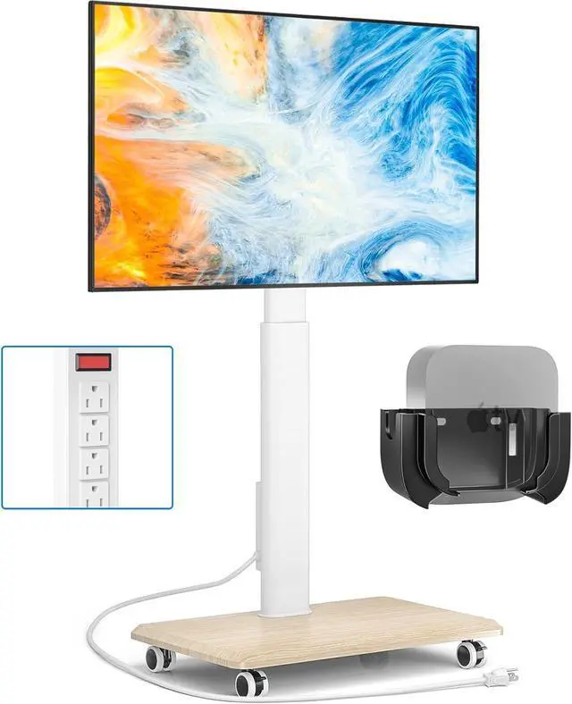 Main image of Rfiver Sleek Rolling TV Stand with Power Outlet for Home Decor, Height Adjustable Portable TV Stand on Wheels for 32-70 Inch TVs, Strong Tall Mobile TV Cart with Mount Up to 88 lbs, White