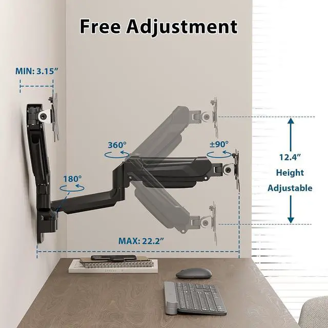 Alt view image 3 of 7 - BONTEC Monitor Wall Mount Bracket for 13-32 Inch Screens, Fully Adjustable Gas Spring Monitor Arm, Height Adjustable, Tilt Swivel & Rotate, Holds up to 19.8 lbs, VESA 75x75, 100x100 mm