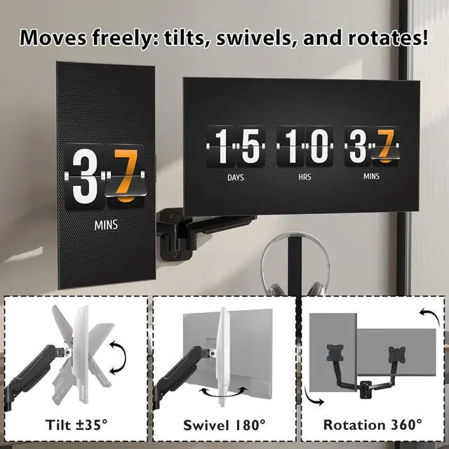 Alt view image 4 of 7 - BONTEC Monitor Wall Mount Bracket for 13-32 Inch Screens, Fully Adjustable Gas Spring Monitor Arm, Height Adjustable, Tilt Swivel & Rotate, Holds up to 19.8 lbs, VESA 75x75, 100x100 mm