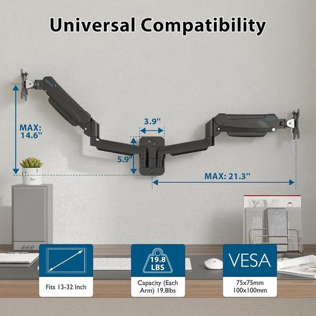 Alt view image 5 of 7 - BONTEC Monitor Wall Mount Bracket for 13-32 Inch Screens, Fully Adjustable Gas Spring Monitor Arm, Height Adjustable, Tilt Swivel & Rotate, Holds up to 19.8 lbs, VESA 75x75, 100x100 mm