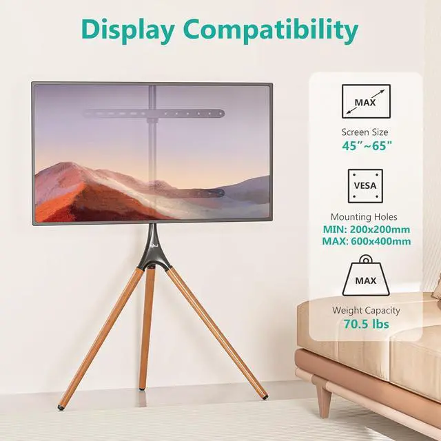 Alt view image 3 of 7 - WALI Tripod TV Stand, Modern Easel TV Stand for 45 to 65 inch Screens, Portable TV Floor Stand with Beech Wood Legs Stand, Height Adjustable Corner TV Mount for Home, Studio,Office (TFS001XL), Black