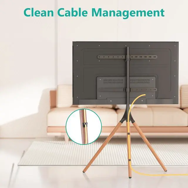 Alt view image 5 of 7 - WALI Tripod TV Stand, Modern Easel TV Stand for 45 to 65 inch Screens, Portable TV Floor Stand with Beech Wood Legs Stand, Height Adjustable Corner TV Mount for Home, Studio,Office (TFS001XL), Black