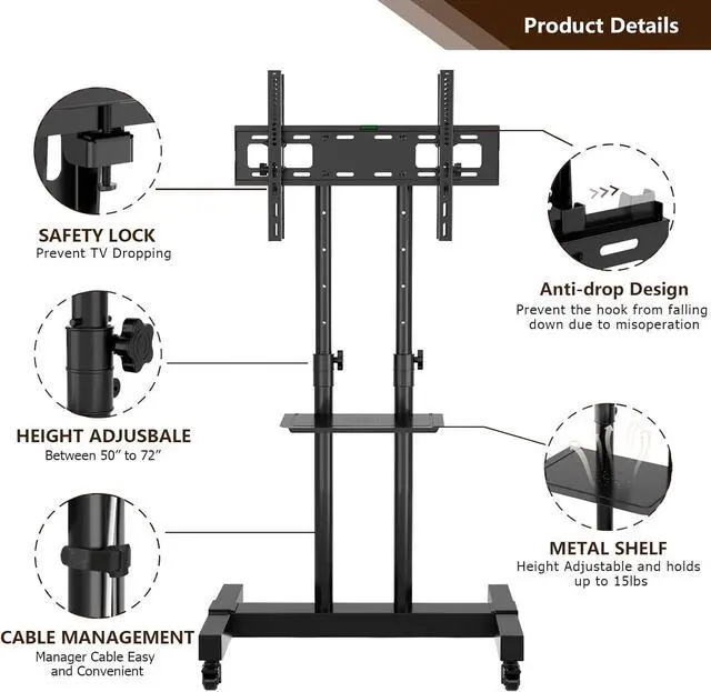 Alt view image 4 of 7 - TAVR Dual Mobile TV Stand Rolling TV Cart Floor Stand with 2 TV Brackets on Locking Wheel Height Adjustable Shelf for 32-70 inch Flat/Curved Screen Gaming Console Display,Loading 110 lbs