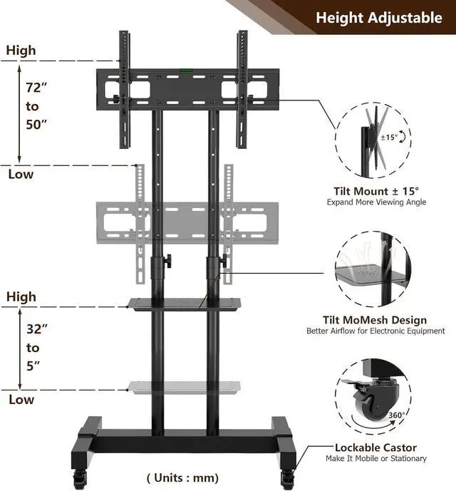 Alt view image 5 of 7 - TAVR Dual Mobile TV Stand Rolling TV Cart Floor Stand with 2 TV Brackets on Locking Wheel Height Adjustable Shelf for 32-70 inch Flat/Curved Screen Gaming Console Display,Loading 110 lbs