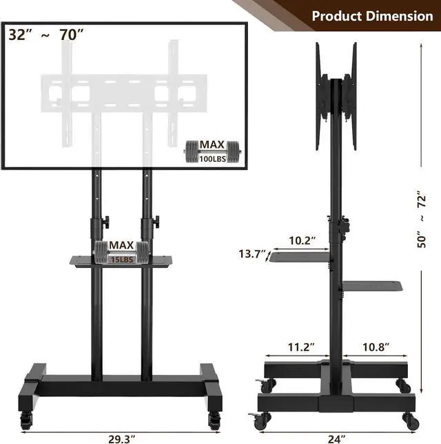 Alt view image 6 of 7 - TAVR Dual Mobile TV Stand Rolling TV Cart Floor Stand with 2 TV Brackets on Locking Wheel Height Adjustable Shelf for 32-70 inch Flat/Curved Screen Gaming Console Display,Loading 110 lbs