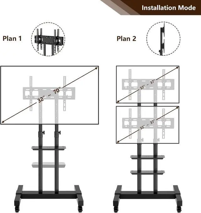 Alt view image 7 of 7 - TAVR Dual Mobile TV Stand Rolling TV Cart Floor Stand with 2 TV Brackets on Locking Wheel Height Adjustable Shelf for 32-70 inch Flat/Curved Screen Gaming Console Display,Loading 110 lbs