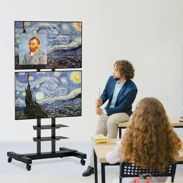 Alt view image 2 of 7 - TAVR Dual Mobile TV Stand Rolling TV Cart Floor Stand with 2 TV Brackets on Locking Wheel Height Adjustable Shelf for 32-70 inch Flat/Curved Screen Gaming Console Display,Loading 110 lbs