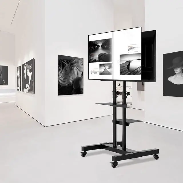 Alt view image 3 of 7 - TAVR Dual Mobile TV Stand Rolling TV Cart Floor Stand with 2 TV Brackets on Locking Wheel Height Adjustable Shelf for 32-70 inch Flat/Curved Screen Gaming Console Display,Loading 110 lbs