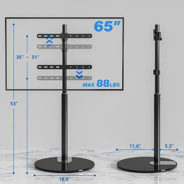 Alt view image 3 of 7 - Rfiver Swivel Floor TV Stand with 90 Degree Swivel for 32-65 inch LCD LED TV, Modern Simple Design Black Corner TV Floor Stand with Round Glass Base, VESA 400x400 mm