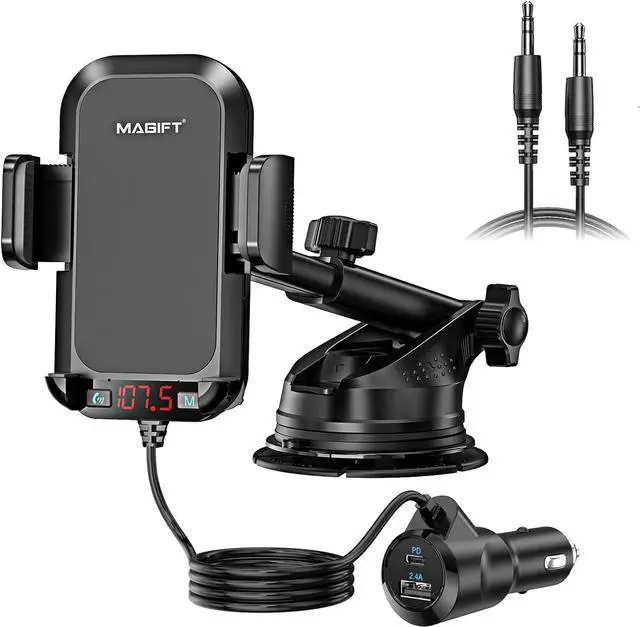 Main image of 54W Bluetooth 5.3 FM Transmitter Car Adapter with Phone Holder 3-in-1, HiFi Bass Sound, Hands-Free Calling, 36W PD, QC 18W Supports TF/SD Card 64G AUX USB Flash Drive for iPhone Android Phone