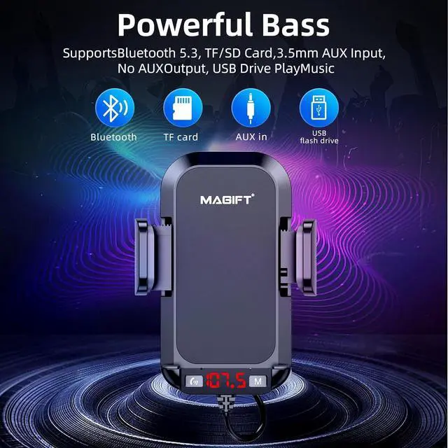 Alt view image 2 of 7 - 54W Bluetooth 5.3 FM Transmitter Car Adapter with Phone Holder 3-in-1, HiFi Bass Sound, Hands-Free Calling, 36W PD, QC 18W Supports TF/SD Card 64G AUX USB Flash Drive for iPhone Android Phone