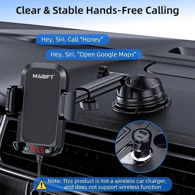 Alt view image 3 of 7 - 54W Bluetooth 5.3 FM Transmitter Car Adapter with Phone Holder 3-in-1, HiFi Bass Sound, Hands-Free Calling, 36W PD, QC 18W Supports TF/SD Card 64G AUX USB Flash Drive for iPhone Android Phone