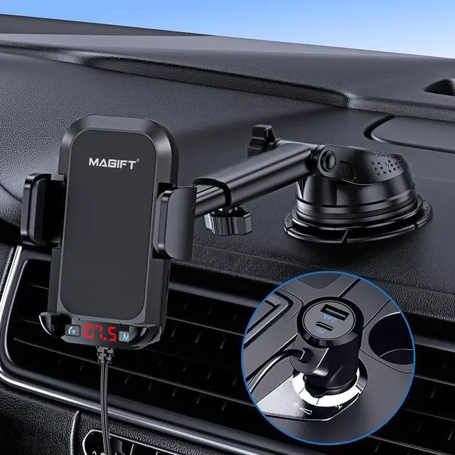 Alt view image 7 of 7 - 54W Bluetooth 5.3 FM Transmitter Car Adapter with Phone Holder 3-in-1, HiFi Bass Sound, Hands-Free Calling, 36W PD, QC 18W Supports TF/SD Card 64G AUX USB Flash Drive for iPhone Android Phone