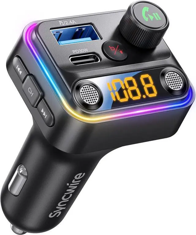 Main image of Syncwire Bluetooth 5.4 FM Transmitter Car Adapter 42W [Light Switch] [Stronger Dual-mic] [HiFi Bass Sound] [Fast Charging] Wireless FM Radio Stereo Music Adapter Hands-Free Calling Support USB Drive