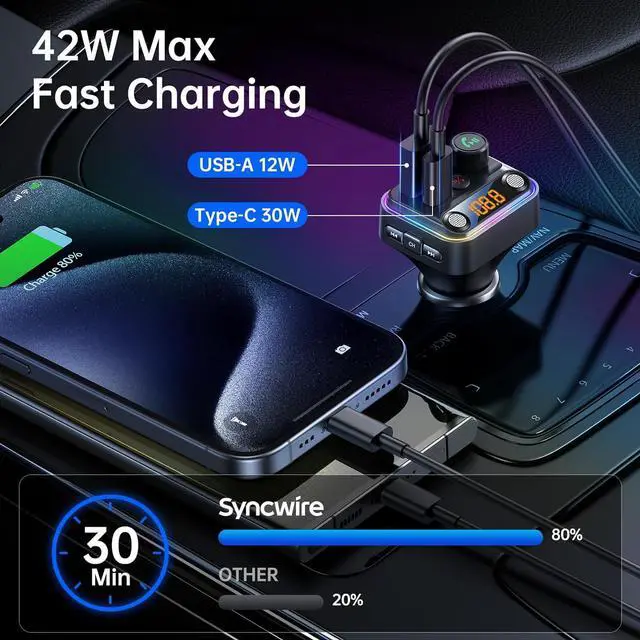 Alt view image 3 of 7 - Syncwire Bluetooth 5.4 FM Transmitter Car Adapter 42W [Light Switch] [Stronger Dual-mic] [HiFi Bass Sound] [Fast Charging] Wireless FM Radio Stereo Music Adapter Hands-Free Calling Support USB Drive