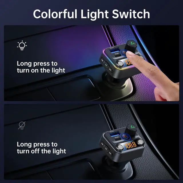 Alt view image 5 of 7 - Syncwire Bluetooth 5.4 FM Transmitter Car Adapter 42W [Light Switch] [Stronger Dual-mic] [HiFi Bass Sound] [Fast Charging] Wireless FM Radio Stereo Music Adapter Hands-Free Calling Support USB Drive