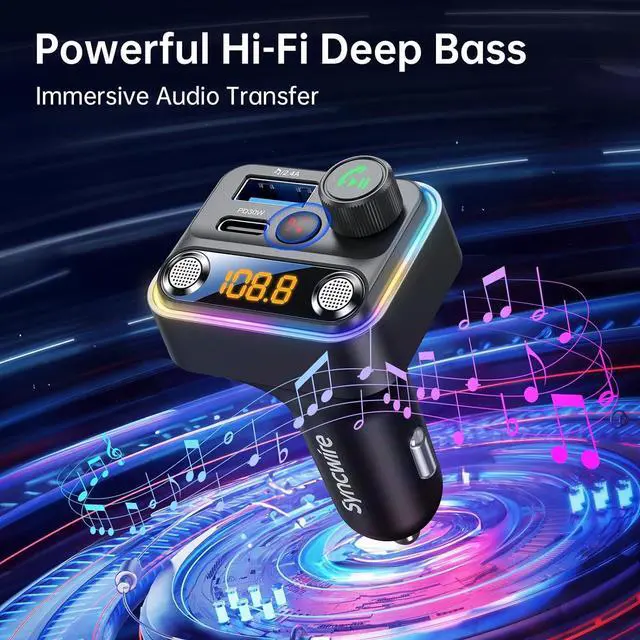 Alt view image 6 of 7 - Syncwire Bluetooth 5.4 FM Transmitter Car Adapter 42W [Light Switch] [Stronger Dual-mic] [HiFi Bass Sound] [Fast Charging] Wireless FM Radio Stereo Music Adapter Hands-Free Calling Support USB Drive