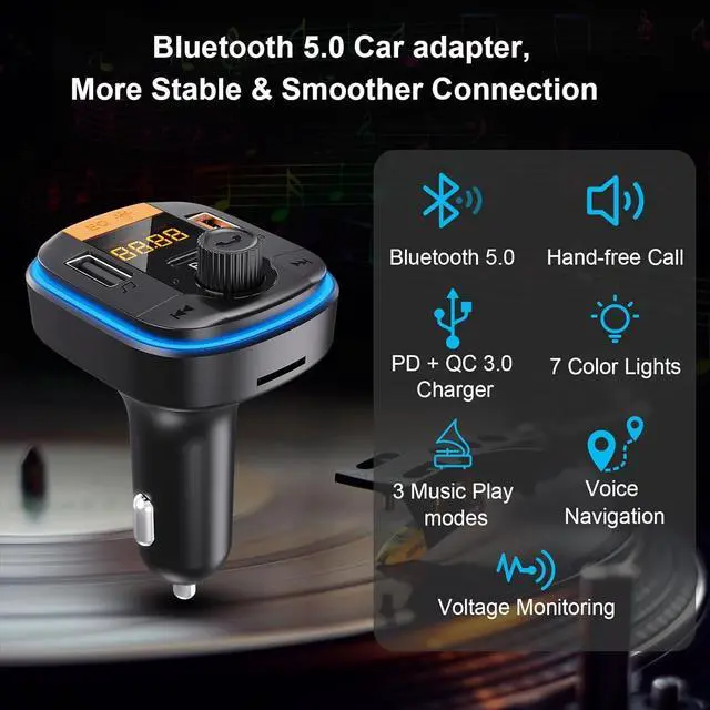 Alt view image 2 of 7 - Bluetooth FM Transmitter for Car - BAISHUN Bluetooth 5.0 Adapter PD20W+QC3.0 Cigarette Lighter Radio Receiver Music Player Car Charger Supports Hands-Free Call Siri Google Assistant
