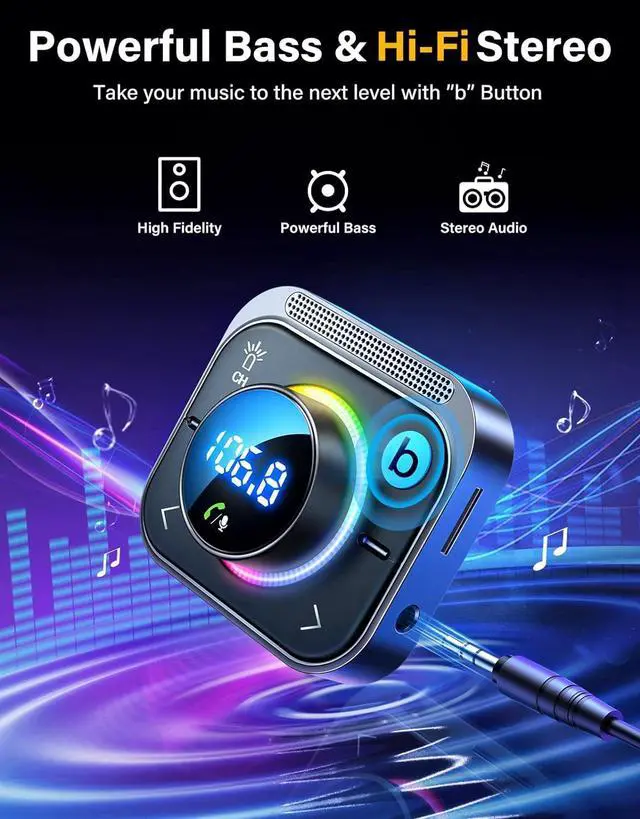 Alt view image 5 of 7 - JOYROOM 66W Bluetooth 5.4 Car Adapter Aux with 3 Charging PortsPD 30W & 2 * 18WAir Vent Installation for Safe Deep HiFi Bass Player Wireless Radio FM Transmitter for Car with Colorful LED Light