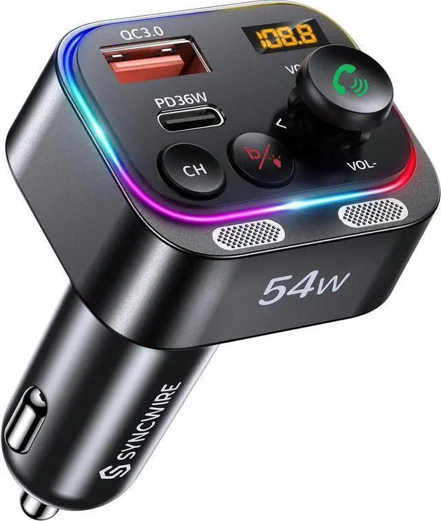 Main image of Syncwire Bluetooth 5.4 FM Transmitter Car Adapter 54W (PD 36W & 18W) [Stronger Dual Mics] [Light Switch] [HiFi Bass Sound] [Fast Charging] Wireless Radio Receiver Hands-Free Calling LED Display
