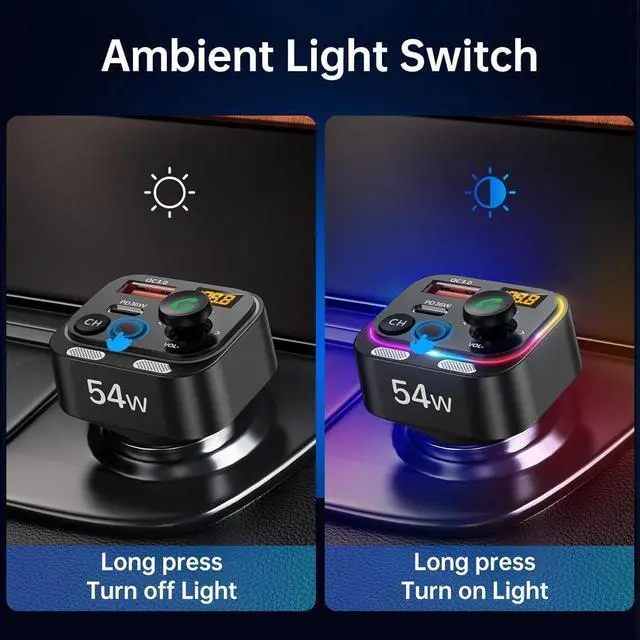 Alt view image 5 of 7 - Syncwire Bluetooth 5.4 FM Transmitter Car Adapter 54W (PD 36W & 18W) [Stronger Dual Mics] [Light Switch] [HiFi Bass Sound] [Fast Charging] Wireless Radio Receiver Hands-Free Calling LED Display