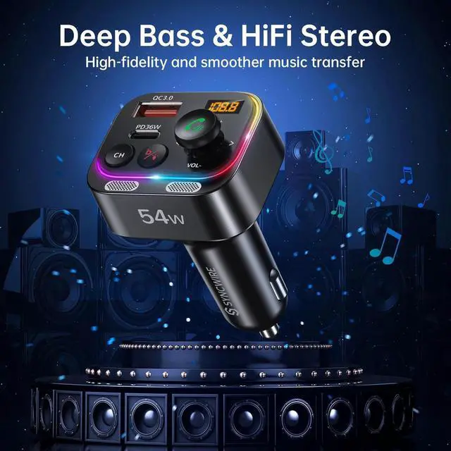 Alt view image 6 of 7 - Syncwire Bluetooth 5.4 FM Transmitter Car Adapter 54W (PD 36W & 18W) [Stronger Dual Mics] [Light Switch] [HiFi Bass Sound] [Fast Charging] Wireless Radio Receiver Hands-Free Calling LED Display