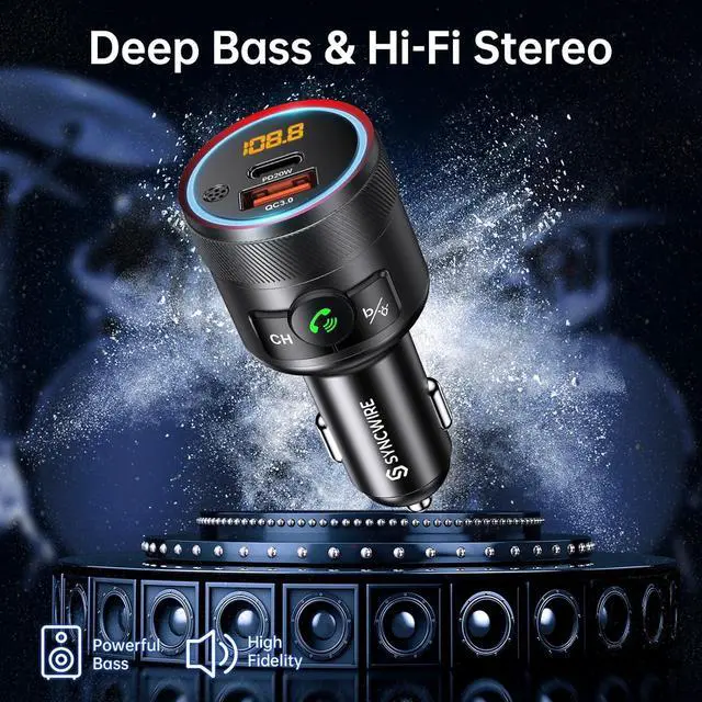 Alt view image 3 of 7 - Syncwire Bluetooth 5.4 FM Transmitter for Car, 38W PD&QC3.0 Dual USB Charging Bluetooth Car Adapter Microphone & Bass Sound MP3 Music Player FM Kit with Hands-Free Calling
