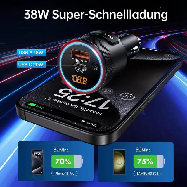 Alt view image 4 of 7 - Syncwire Bluetooth 5.4 FM Transmitter for Car, 38W PD&QC3.0 Dual USB Charging Bluetooth Car Adapter Microphone & Bass Sound MP3 Music Player FM Kit with Hands-Free Calling