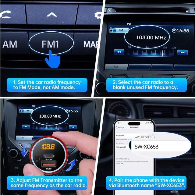 Alt view image 7 of 7 - Syncwire Bluetooth 5.4 FM Transmitter for Car, 38W PD&QC3.0 Dual USB Charging Bluetooth Car Adapter Microphone & Bass Sound MP3 Music Player FM Kit with Hands-Free Calling