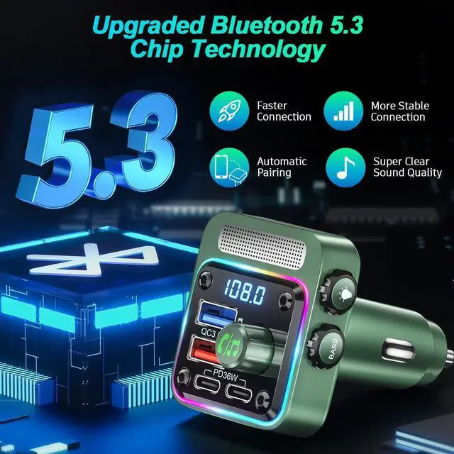 Alt view image 2 of 7 - Bluetooth 5.3 FM Transmitter Car Adapter - SONRU Car Charger 54W [PD 36W & QC3.0 18W], Wireless FM Radio Transmitter [HiFi Treble & Bass Player], 5 Colors LED Backlit, Hands-Free Calling, U-Disk