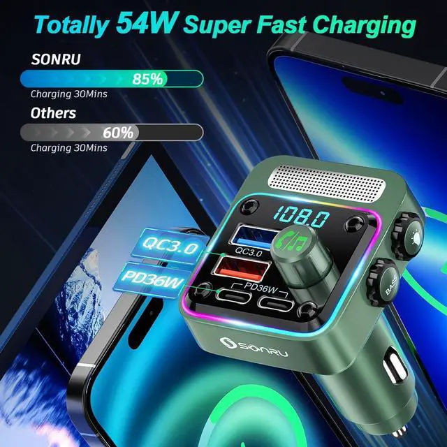 Alt view image 3 of 7 - Bluetooth 5.3 FM Transmitter Car Adapter - SONRU Car Charger 54W [PD 36W & QC3.0 18W], Wireless FM Radio Transmitter [HiFi Treble & Bass Player], 5 Colors LED Backlit, Hands-Free Calling, U-Disk