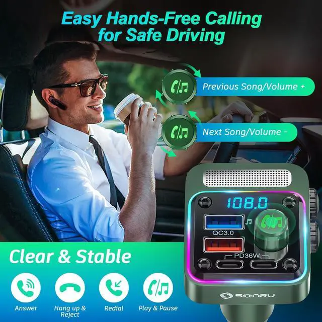 Alt view image 4 of 7 - Bluetooth 5.3 FM Transmitter Car Adapter - SONRU Car Charger 54W [PD 36W & QC3.0 18W], Wireless FM Radio Transmitter [HiFi Treble & Bass Player], 5 Colors LED Backlit, Hands-Free Calling, U-Disk
