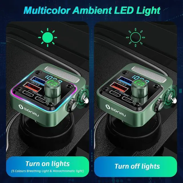 Alt view image 6 of 7 - Bluetooth 5.3 FM Transmitter Car Adapter - SONRU Car Charger 54W [PD 36W & QC3.0 18W], Wireless FM Radio Transmitter [HiFi Treble & Bass Player], 5 Colors LED Backlit, Hands-Free Calling, U-Disk