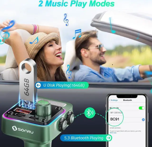 Alt view image 7 of 7 - Bluetooth 5.3 FM Transmitter Car Adapter - SONRU Car Charger 54W [PD 36W & QC3.0 18W], Wireless FM Radio Transmitter [HiFi Treble & Bass Player], 5 Colors LED Backlit, Hands-Free Calling, U-Disk