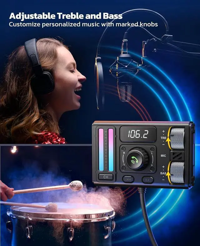 Alt view image 2 of 7 - Nulaxy Bluetooth 5.3 Car Adapter with Air Vent Installation & DSP Noise Cancellation, QC3.0 & Type-C PD Car Charger Wireless FM Radio Transmitter Supports Bass & Treble Boost