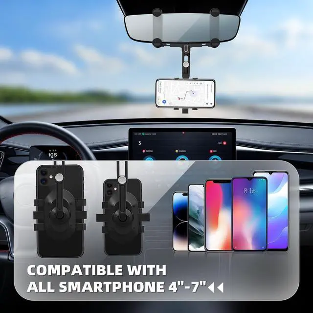 Alt view image 3 of 7 - SXhyf Rear View Mirror Phone Holder, 2023 Rotatable and Retractable Car Phone Mount, Cell Phone Holder Car Fit for iPhone 11 12 13 14 Pro Max Samsung All Phone